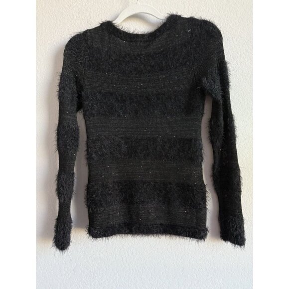 LOFT Women’s PXS Black Wool Blend Long Sleeve Sweater Fuzzy Stripes Pullover - Picture 8 of 11